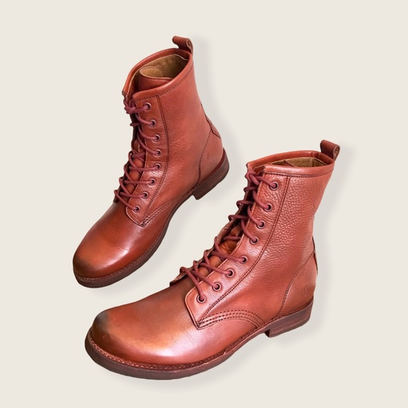 Frye Veronica Combat Red Clay Cognac Leather Lace Up Moto Everyday Ankle Boots - Picture 10 of 16